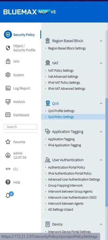 Menu QoS Policy Settings di Bluemax NGF