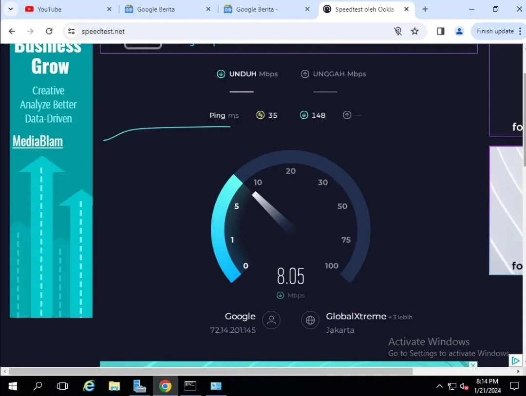 Hasil pengujian kecepatan internet setelah konfigurasi