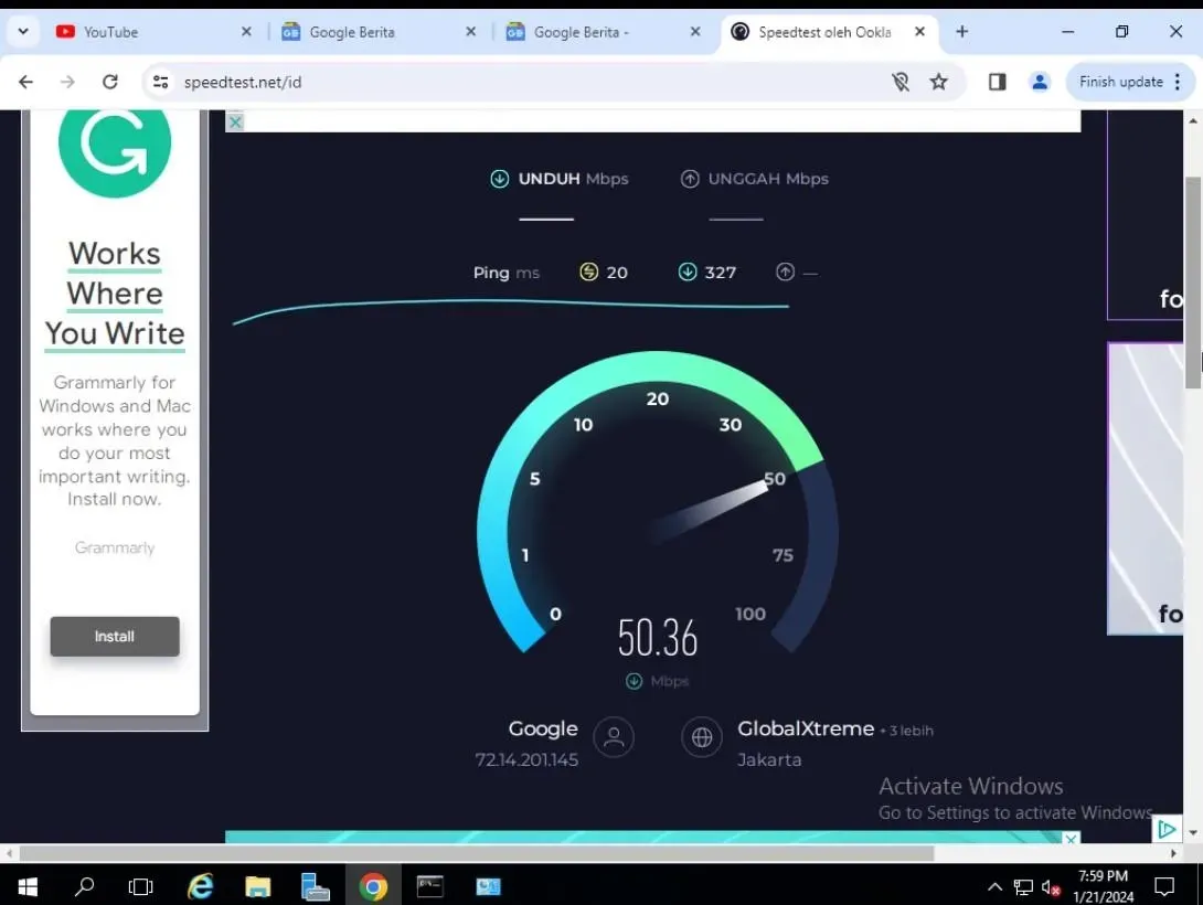Pengujian kecepatan internet sebelum konfigurasi