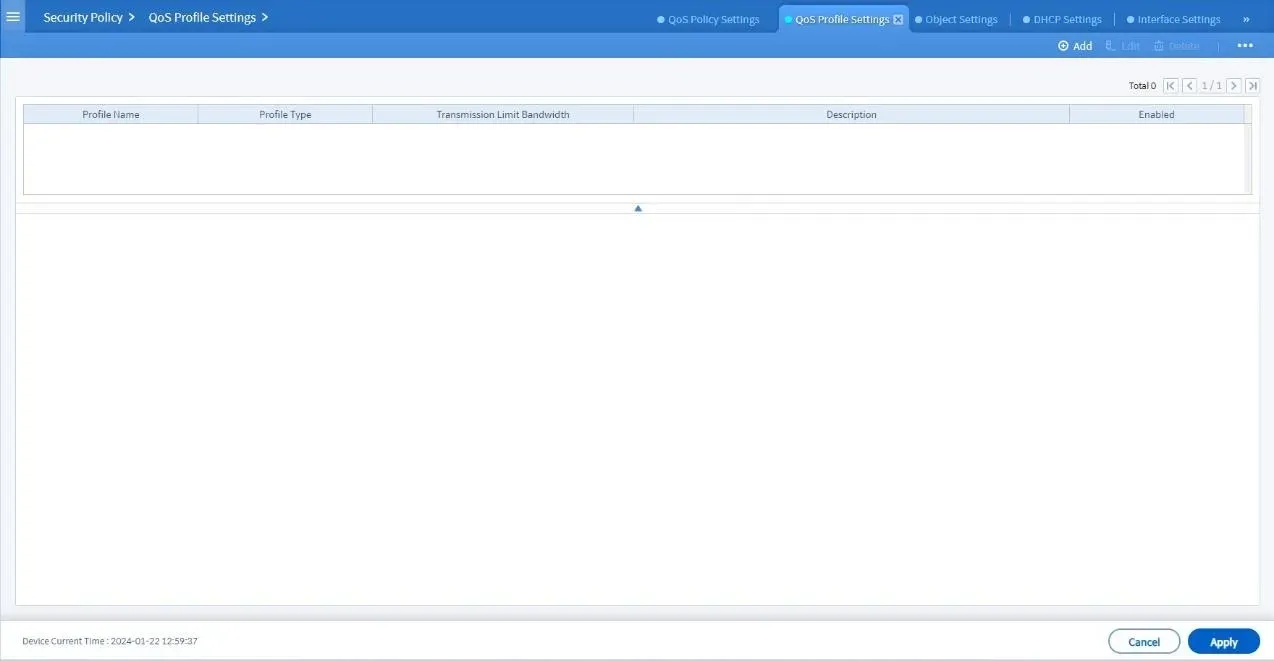 Halaman pengaturan QoS Profile di Bluemax NGF