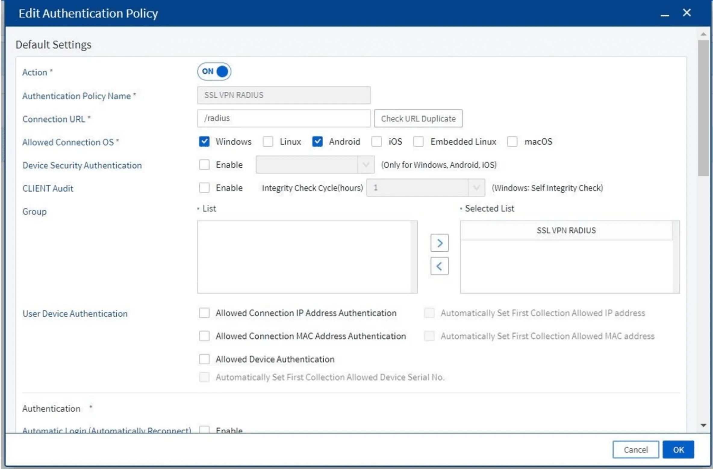 Edit Authentication Policy