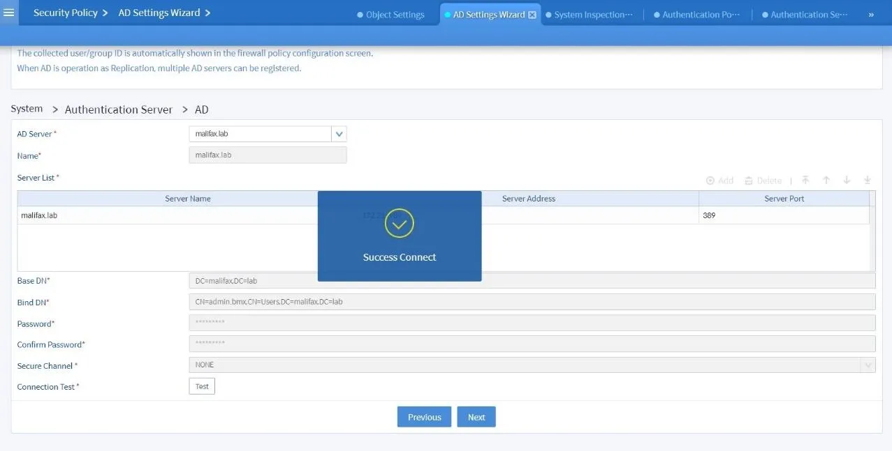 AD Settings Wizard Connection Test di Bluemax NGF