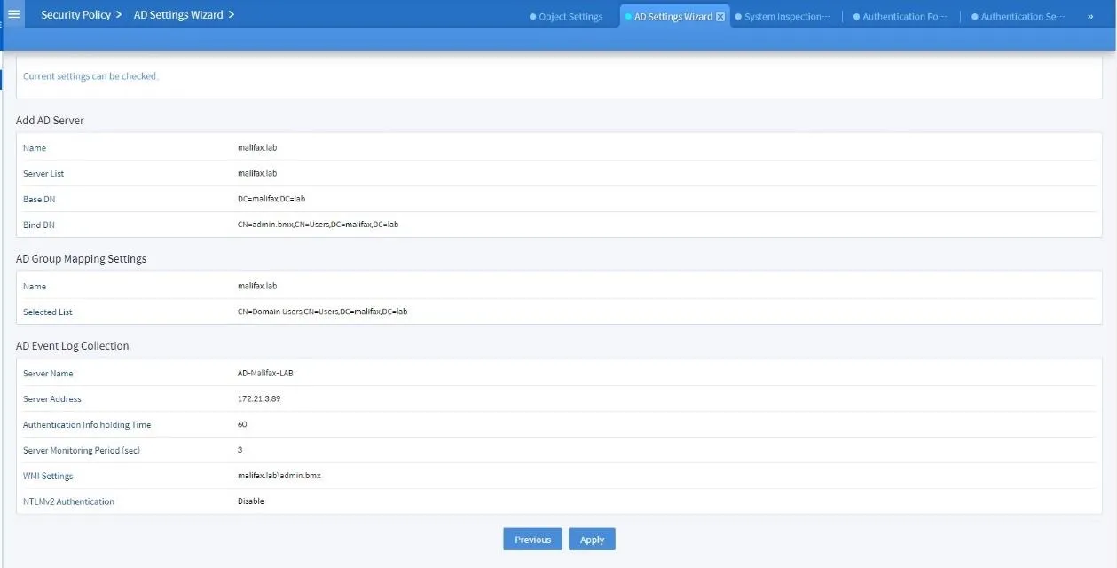 Result Konfigurasi AD Settings Wizard di Bluemax NGF