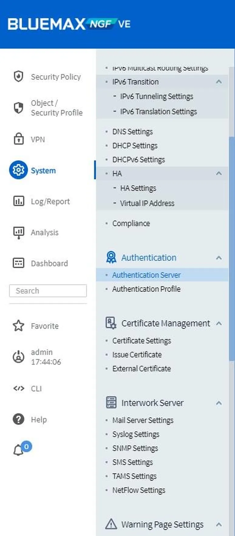 System Menu di Bluemax NGF