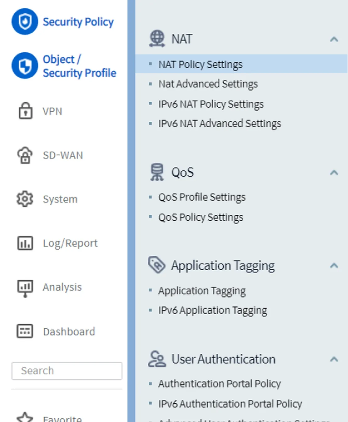 Menu NAT Policy Settings Bluemax NGF