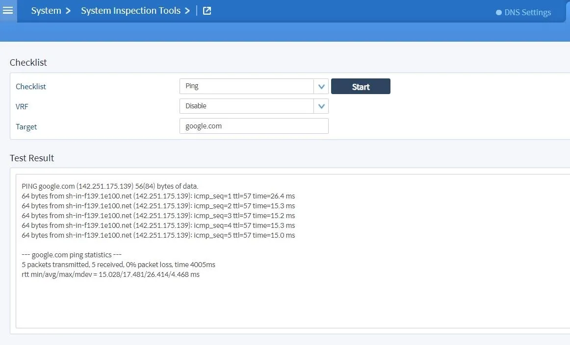 Result DNS Testing dengan PING di SECUI Bluemax NGF