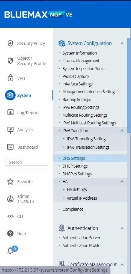 Menu System DNS Setting di SECUI Bluemax NGF