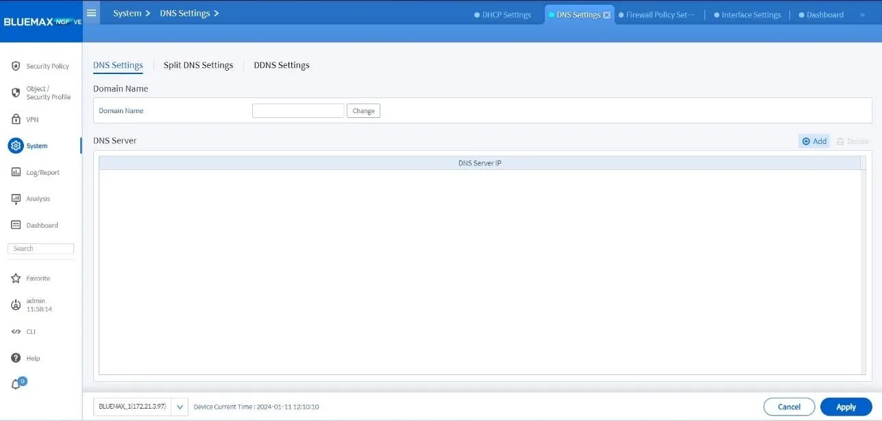 Dashboard DNS setting di Bluemax NGF