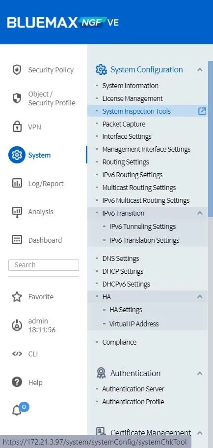 Menu System Configuration di SECUI Bluemax NGF