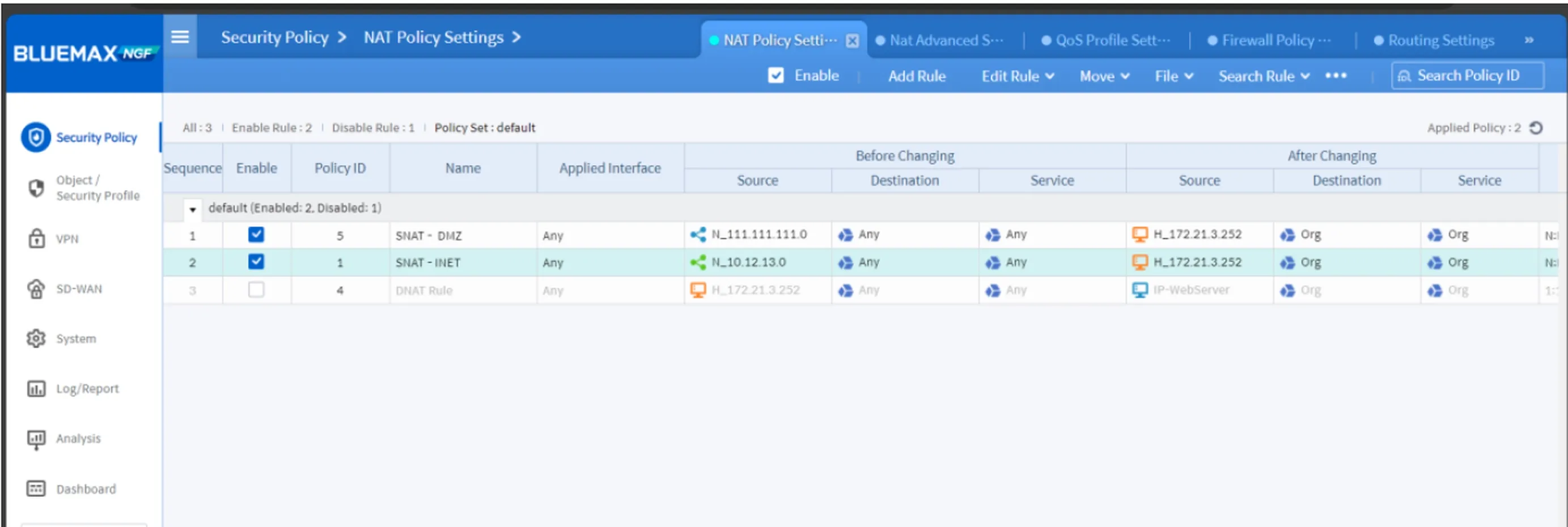 Add Rule SNAT DMZ & Internal di Bluemax NGF