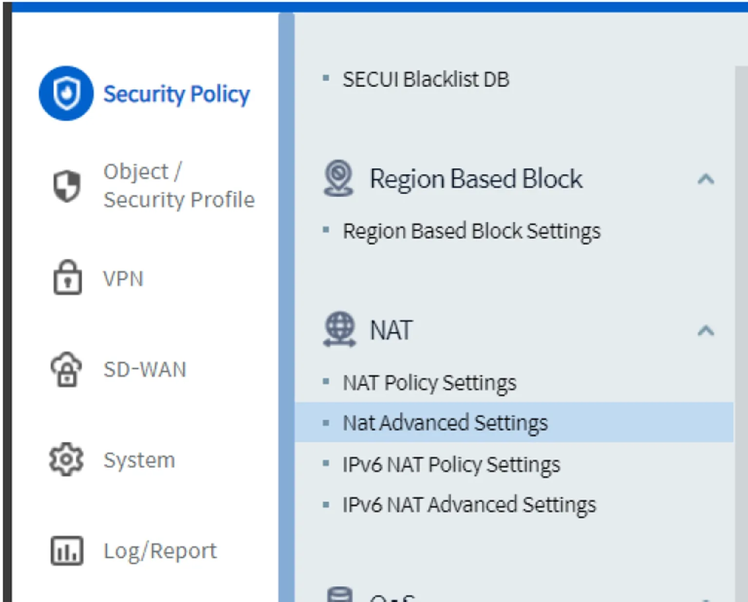 Menu NAT Advanced Settings Bluemax NGF