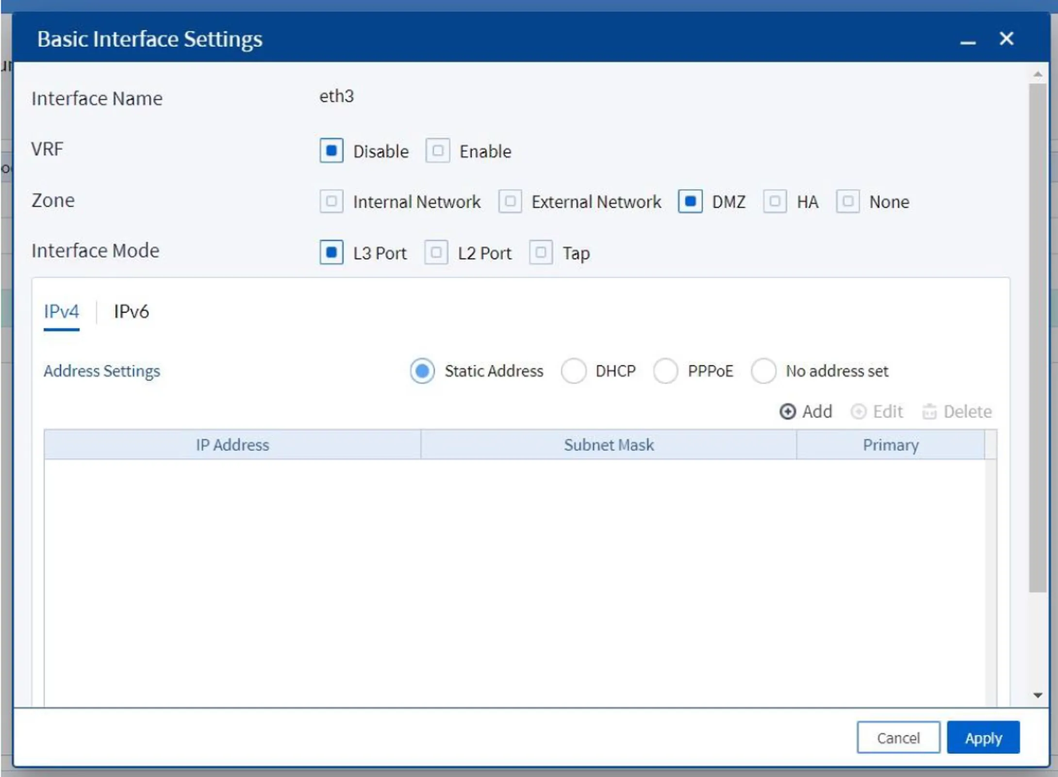 Setting zone and interface mode for VLAN
