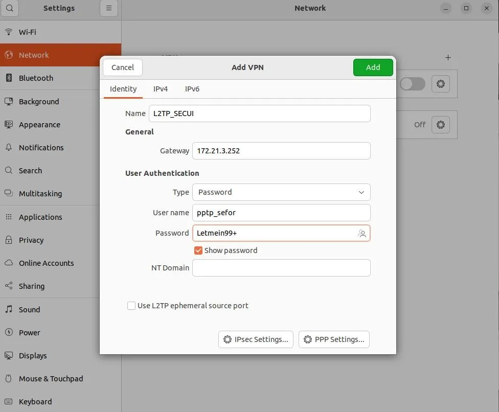 Fill in VPN details for L2TP configuration