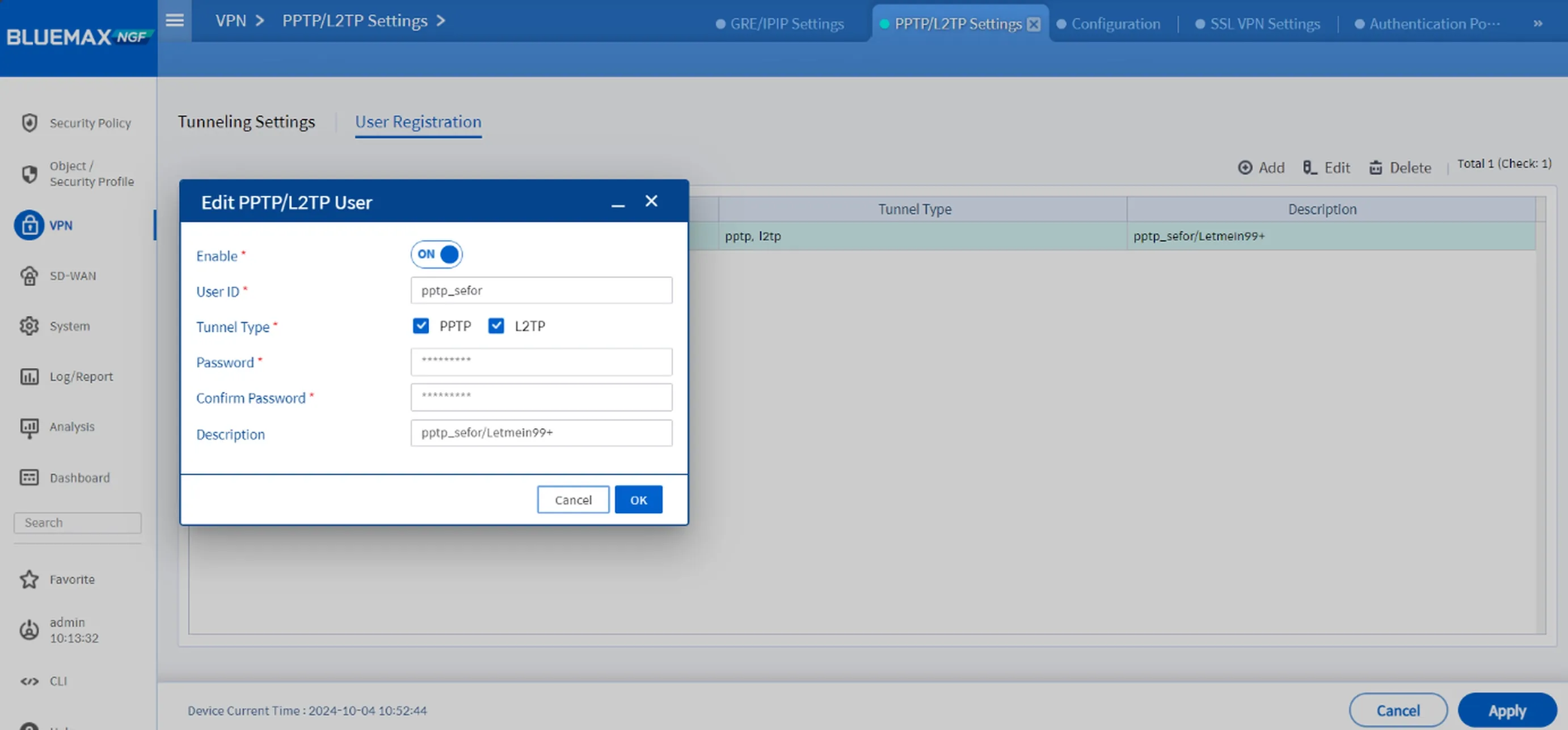 Create an L2TP VPN user on Bluemax NGFW