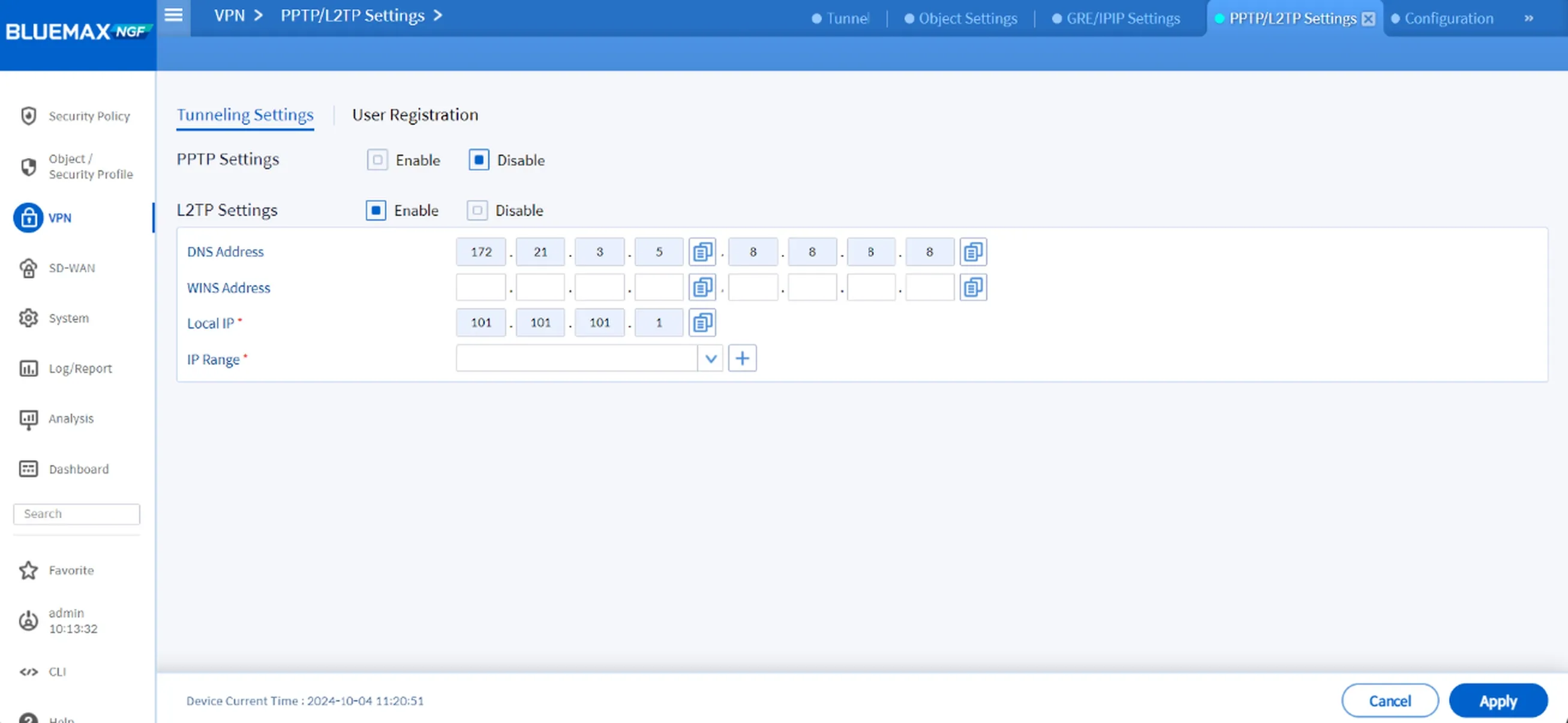 Configure IP pool for L2TP VPN on SECUI Bluemax NGFW