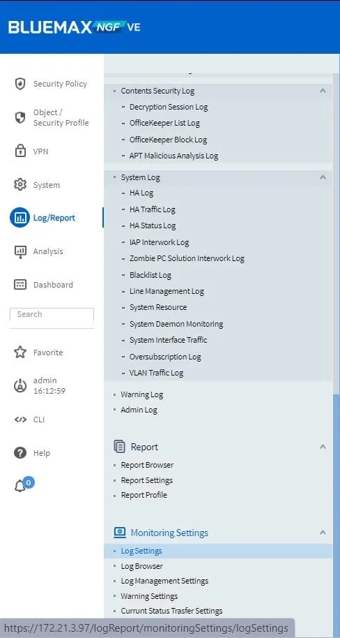Menu Log Setting Bluemax NGF