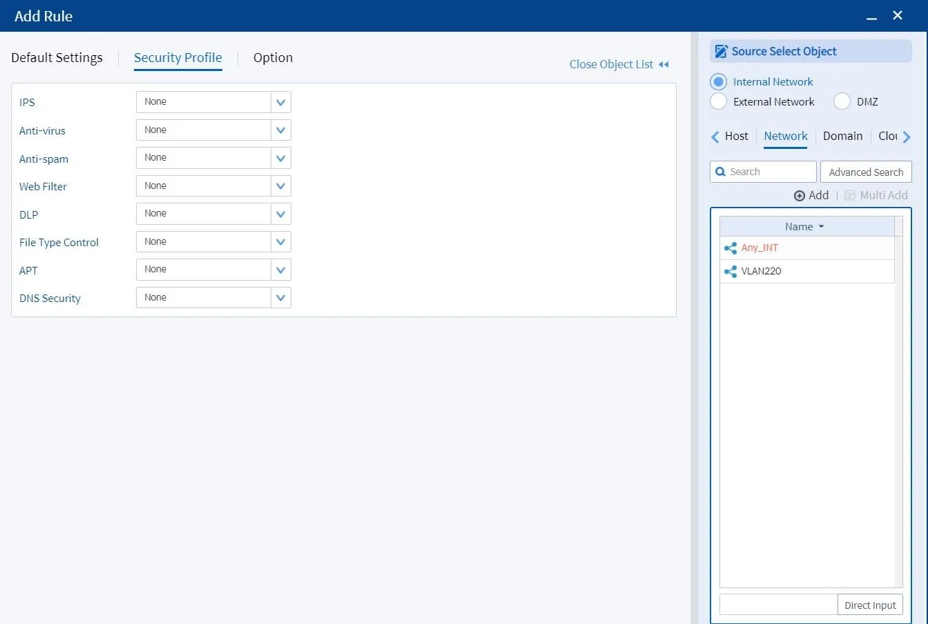 Security profile section in firewall policy