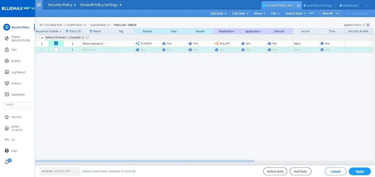 Apply firewall configuration in Bluemax NGFW