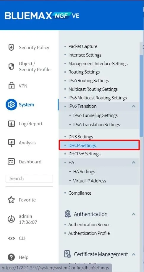 DHCP Settings Menu on Bluemax NGFW