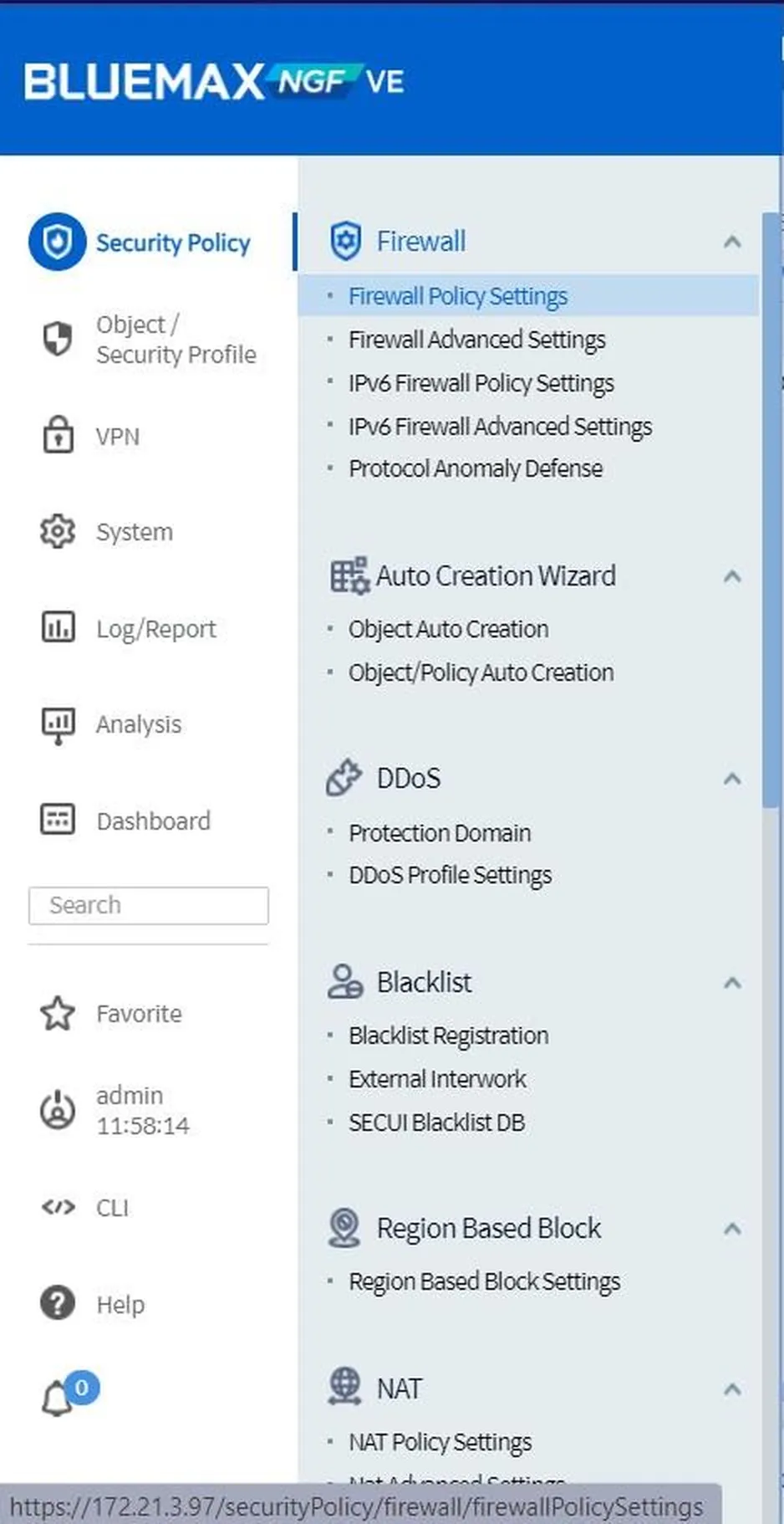 Firewall Policy Settings menu in Bluemax NGF
