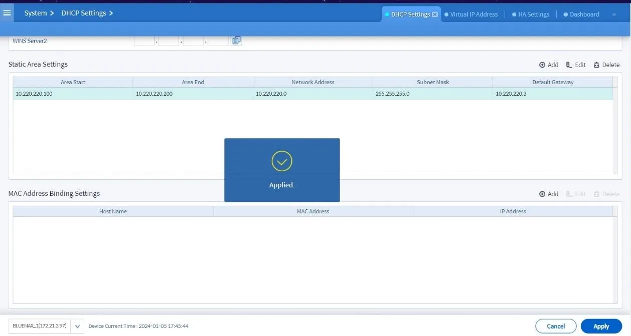 Apply DHCP Configuration on Bluemax NGFW