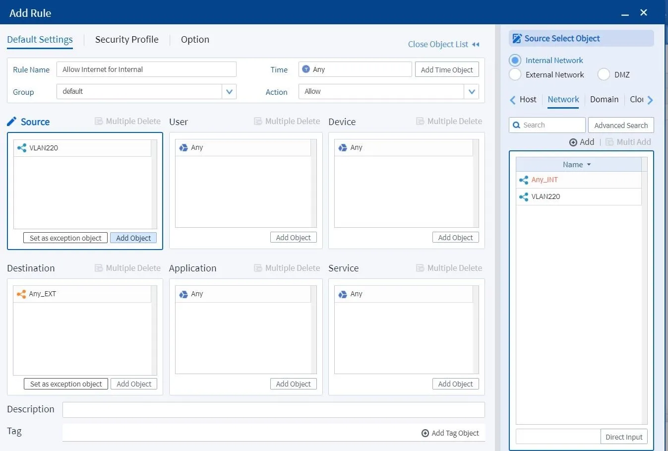 Adding a rule with a network object in firewall configuration