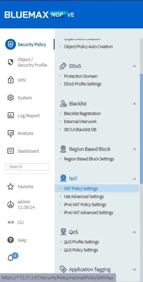 NAT Policy Settings Menu in SECUI Bluemax NGF