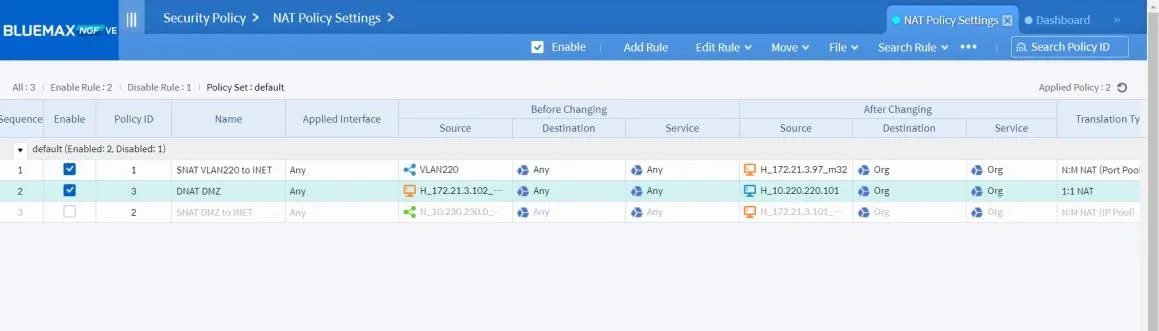 Enable DNAT Policy on Bluemax NGF