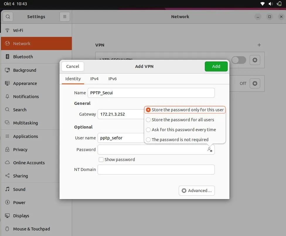 Mengisi detail VPN seperti gateway dan kredensial