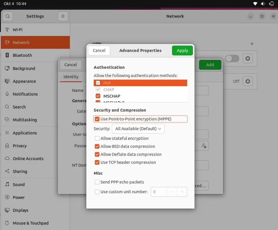 Konfigurasi Advanced Properties untuk PPTP di Ubuntu