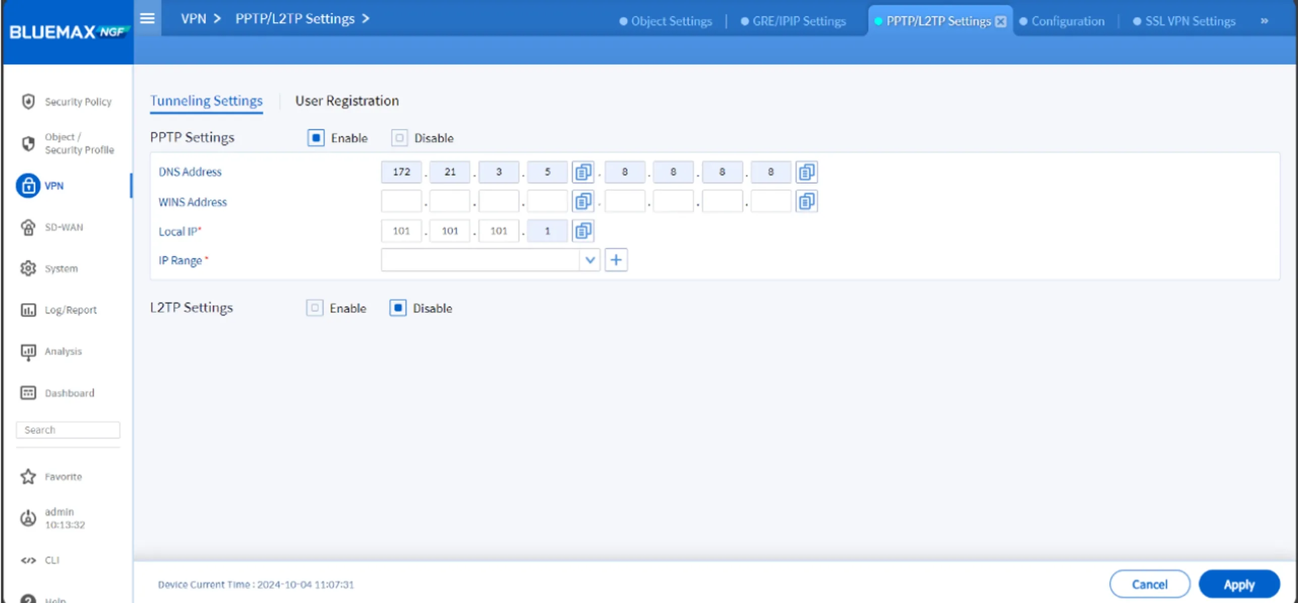 Pengaturan PPTP Settings di Bluemax NGF