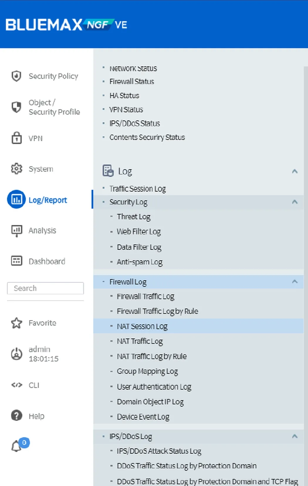Menu Log/Report di Bluemax NGF